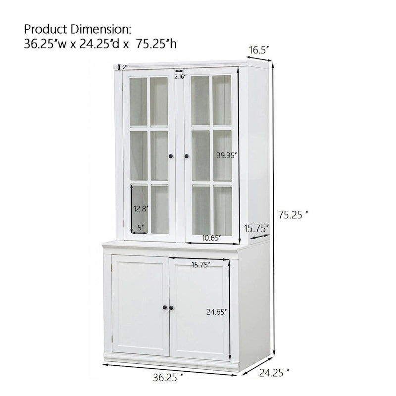 75.25Vitrine haute avec portes doubles en verre trempé, Vaisselier de style traditionnel pour salon, cuisine, maison