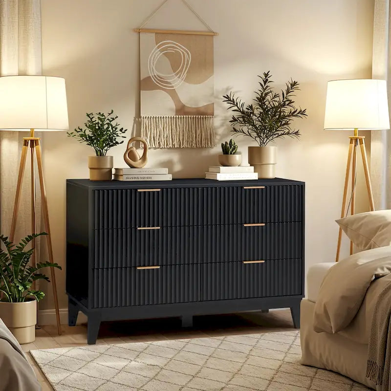 Commode à 6 tiroirs, commode large de style moderne du milieu du siècle avec poignées en métal pour chambre à coucher ou salon