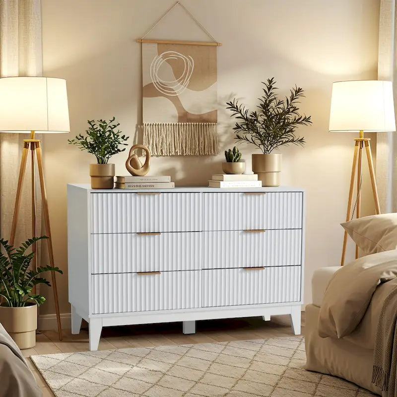 Commode à 6 tiroirs, commode large de style moderne du milieu du siècle avec poignées en métal pour chambre à coucher ou salon