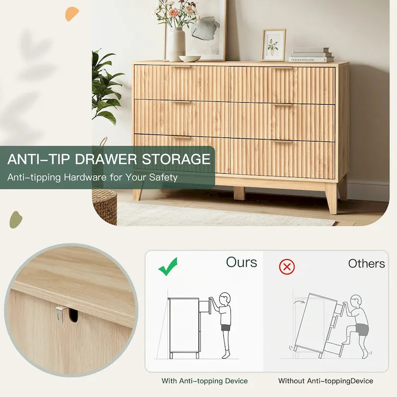 Commode à 6 tiroirs, commode large de style moderne du milieu du siècle avec poignées en métal pour chambre à coucher ou salon
