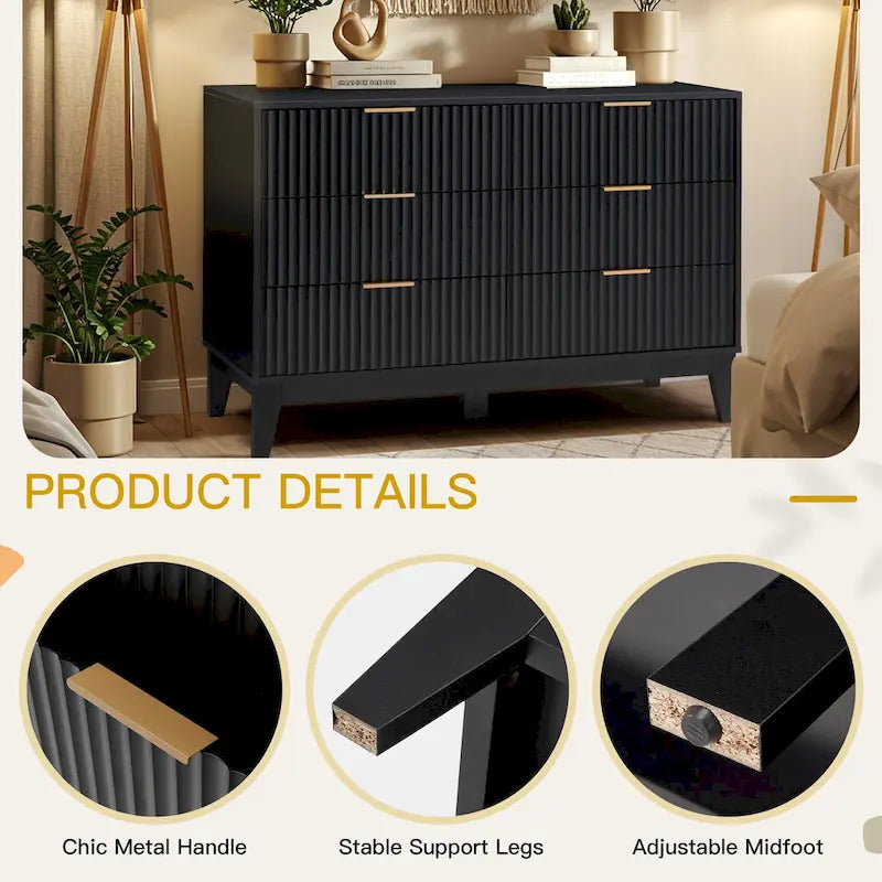 Commode à 6 tiroirs, commode large de style moderne du milieu du siècle avec poignées en métal pour chambre à coucher ou salon