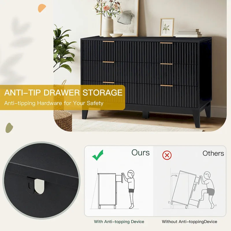 Commode à 6 tiroirs, commode large de style moderne du milieu du siècle avec poignées en métal pour chambre à coucher ou salon