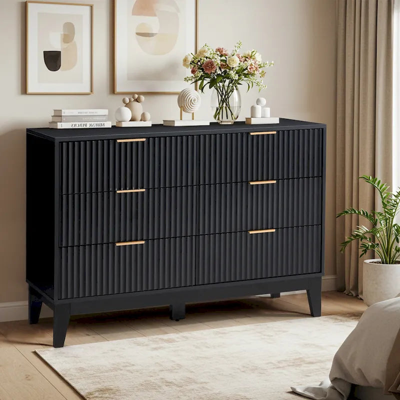 Commode à 6 tiroirs, commode large de style moderne du milieu du siècle avec poignées en métal pour chambre à coucher ou salon