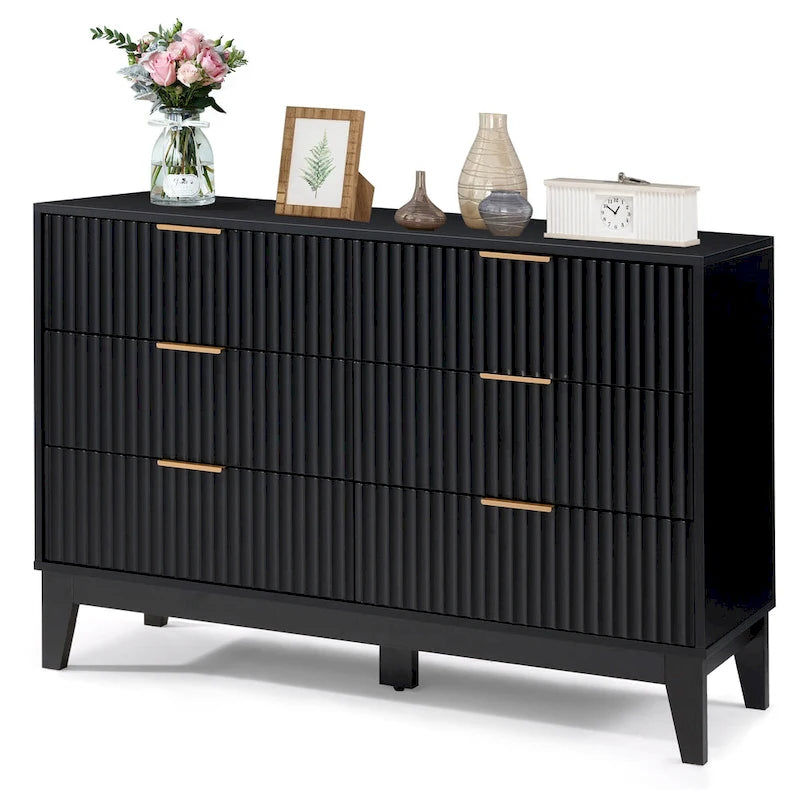 Commode à 6 tiroirs, commode large de style moderne du milieu du siècle avec poignées en métal pour chambre à coucher ou salon