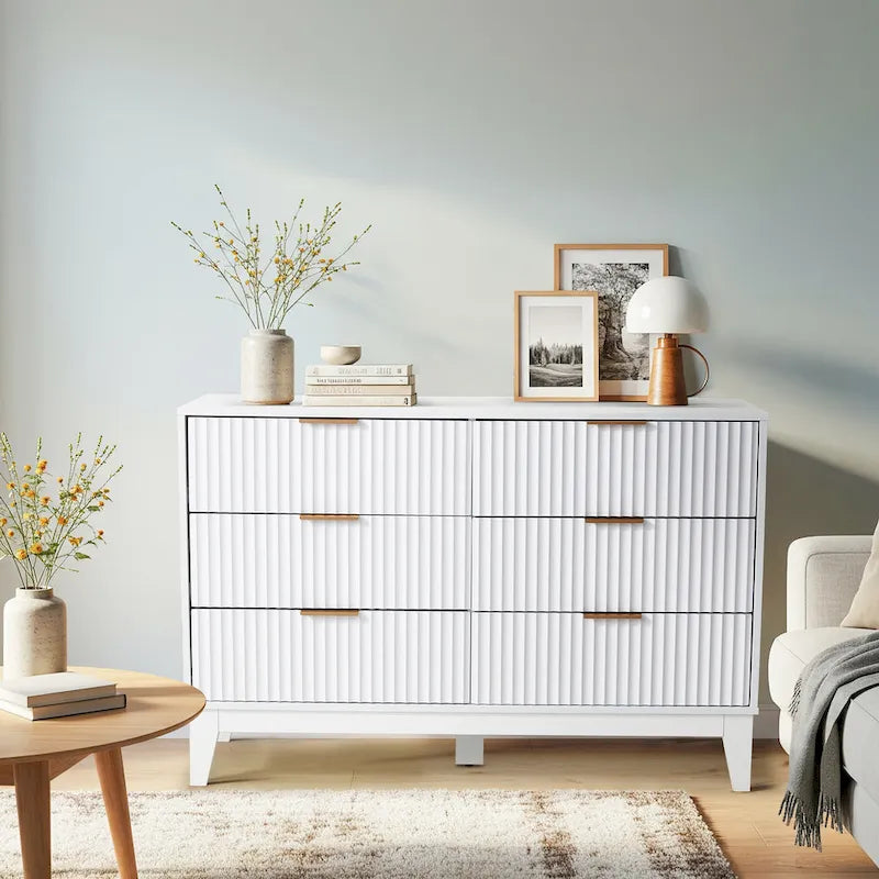 Commode à 6 tiroirs, commode large de style moderne du milieu du siècle avec poignées en métal pour chambre à coucher ou salon