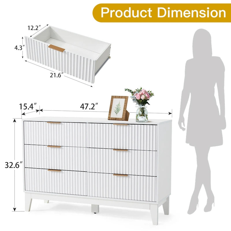 Commode à 6 tiroirs, commode large de style moderne du milieu du siècle avec poignées en métal pour chambre à coucher ou salon