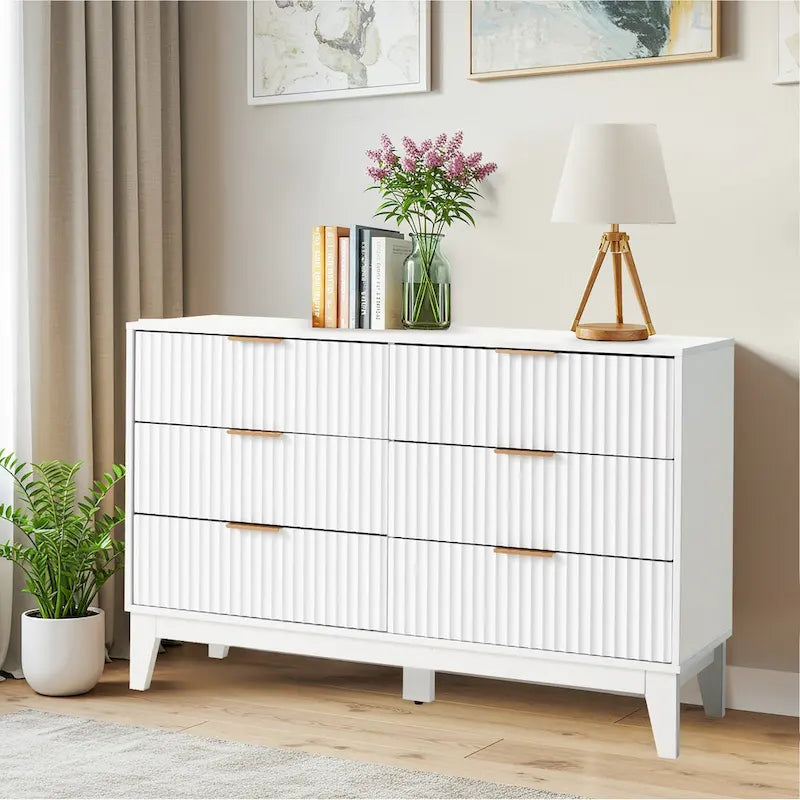 Commode à 6 tiroirs, commode large de style moderne du milieu du siècle avec poignées en métal pour chambre à coucher ou salon