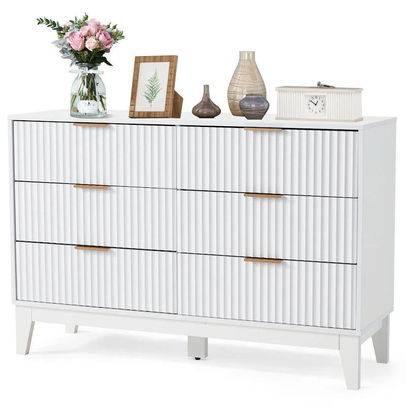Commode à 6 tiroirs, commode large de style moderne du milieu du siècle avec poignées en métal pour chambre à coucher ou salon