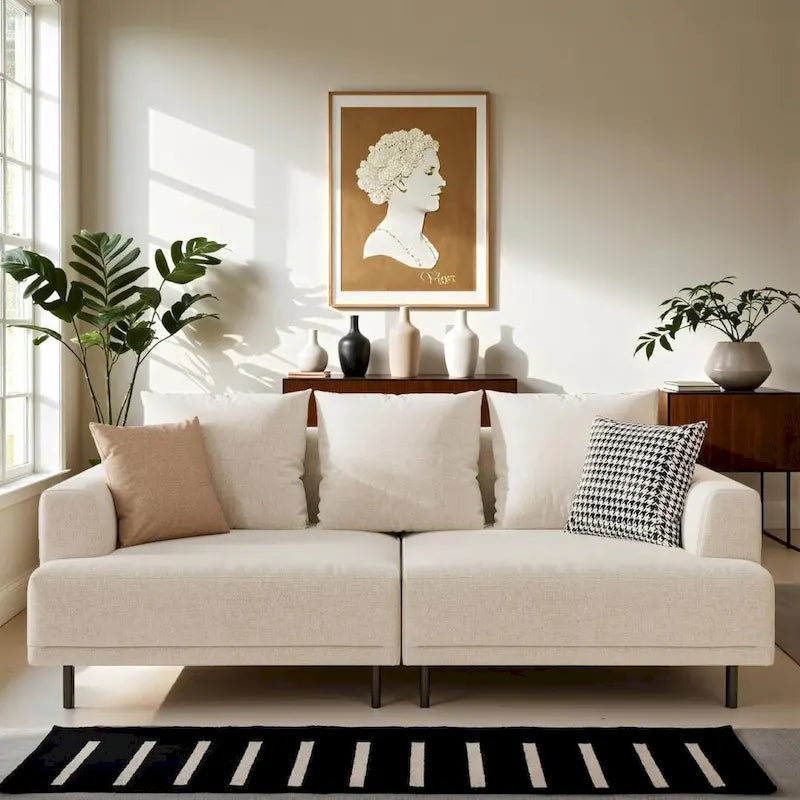 Canapé moderne à assise profonde avec oreillers, pieds hauts, canapé confortable pour salon, canapé d'appartement
