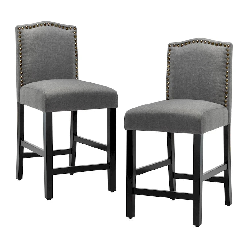 Lot de 2 tabourets de bar à hauteur de comptoir de 24 pouces, recouverts de tissu avec garniture cloutée et dossier