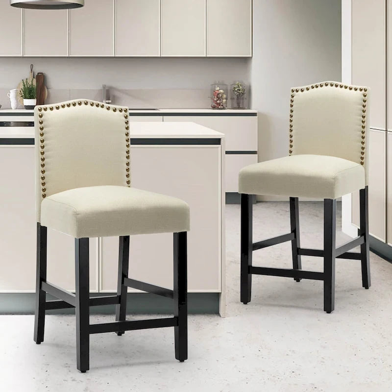 Lot de 2 tabourets de bar à hauteur de comptoir de 24 pouces, recouverts de tissu avec garniture cloutée et dossier