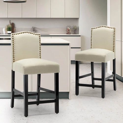 Lot de 2 tabourets de bar à hauteur de comptoir de 24 pouces, recouverts de tissu avec garniture cloutée et dossier