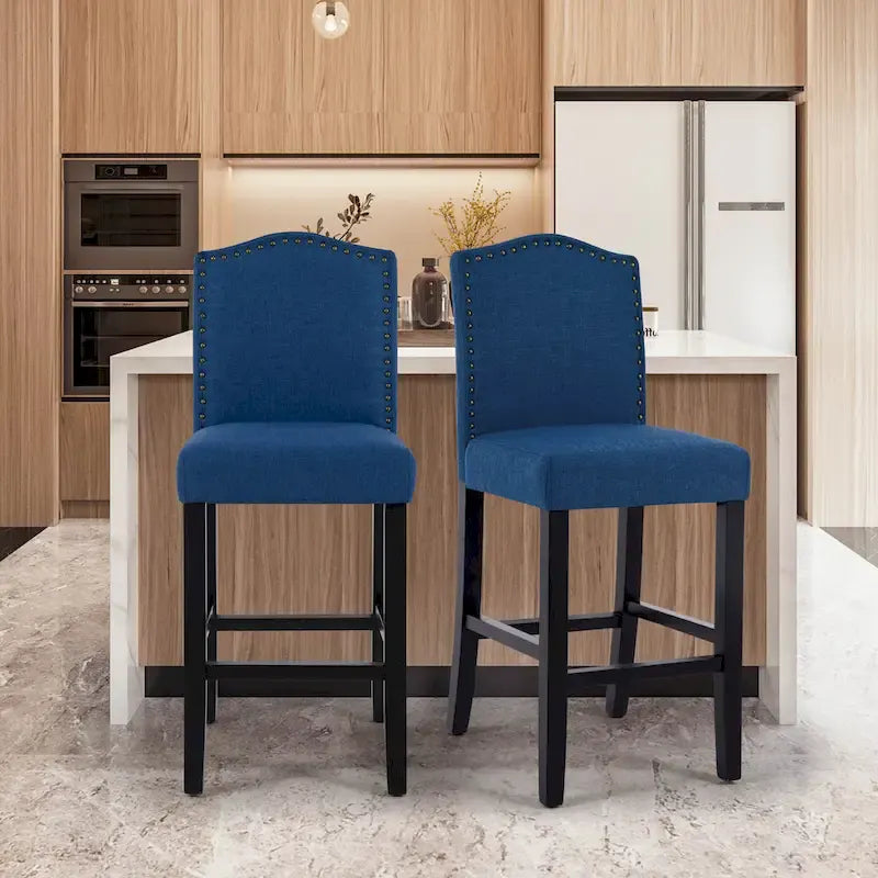 Lot de 2 tabourets de bar à hauteur de comptoir de 24 pouces, recouverts de tissu avec garniture cloutée et dossier