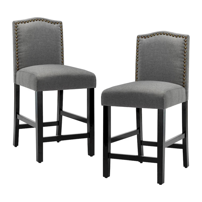 Lot de 2 tabourets de bar à hauteur de comptoir de 24 pouces, recouverts de tissu avec garniture cloutée et dossier