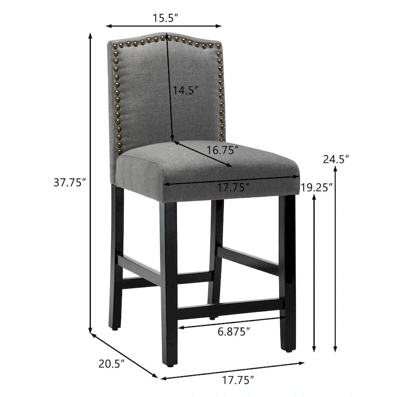 Lot de 2 tabourets de bar à hauteur de comptoir de 24 pouces, recouverts de tissu avec garniture cloutée et dossier