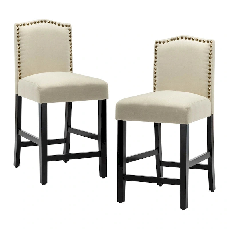 Lot de 2 tabourets de bar à hauteur de comptoir de 24 pouces, recouverts de tissu avec garniture cloutée et dossier