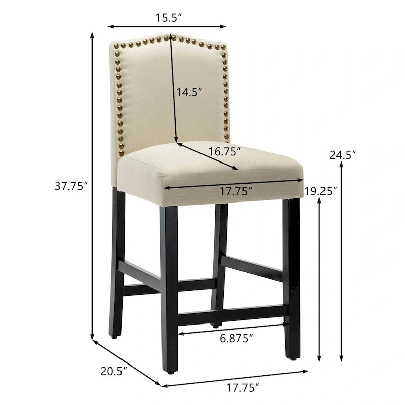 Lot de 2 tabourets de bar à hauteur de comptoir de 24 pouces, recouverts de tissu avec garniture cloutée et dossier