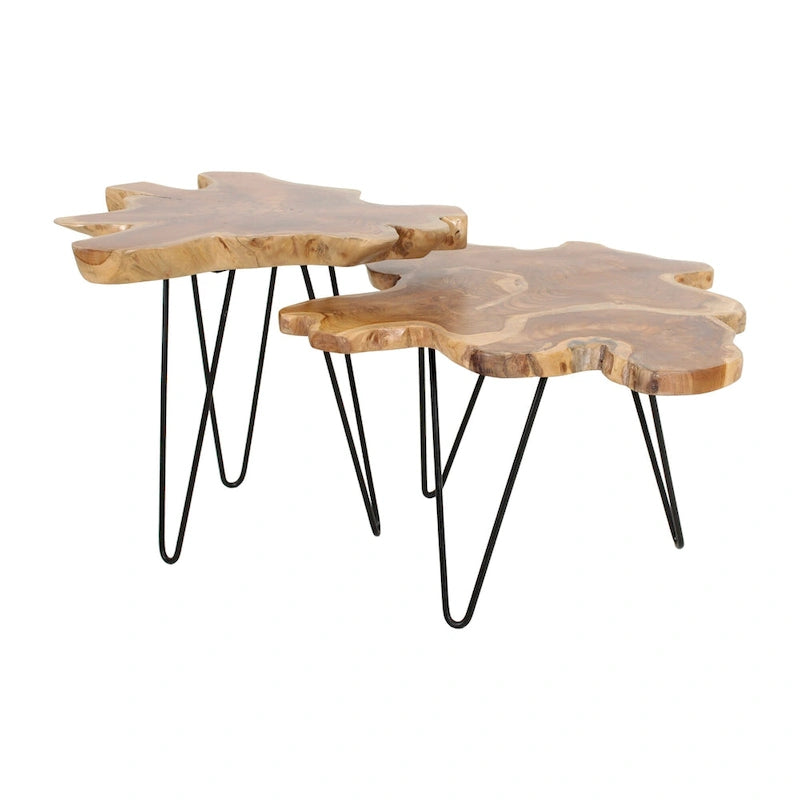 Table en bois de teck massif avec bords naturels et pieds en fer