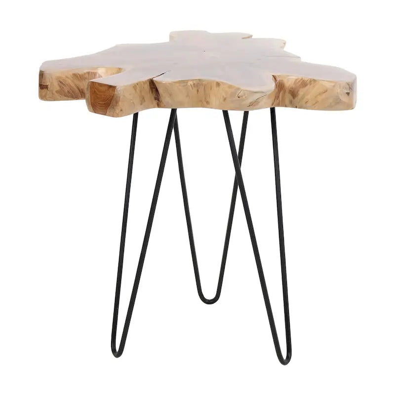 Table en bois de teck massif avec bords naturels et pieds en fer
