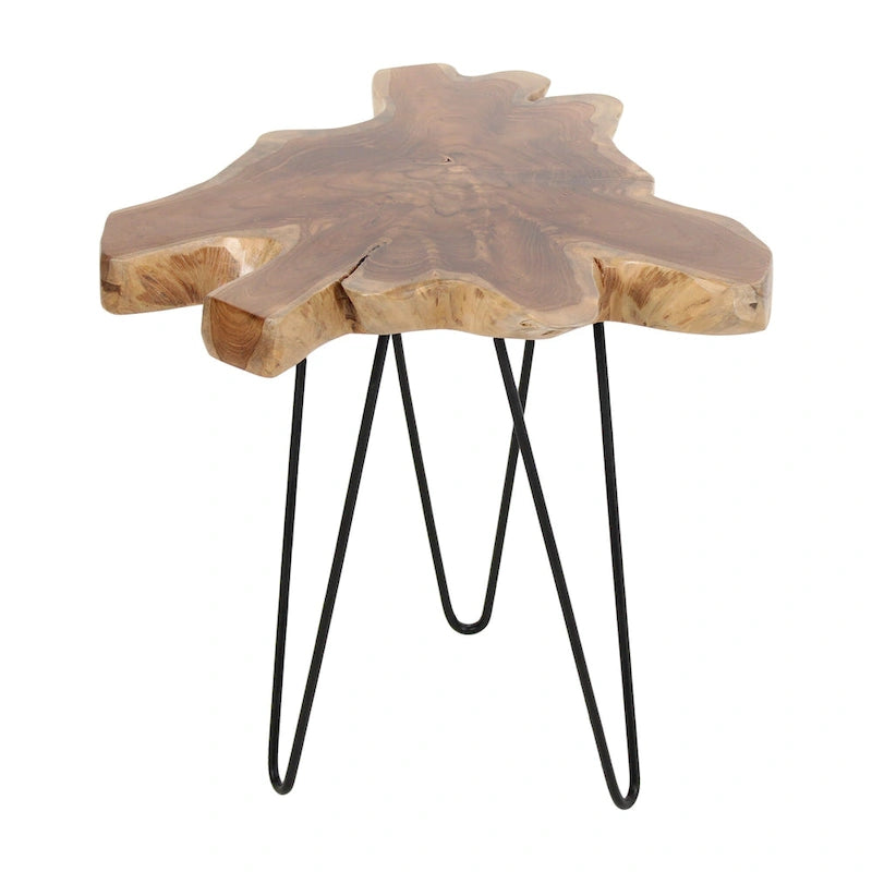 Table en bois de teck massif avec bords naturels et pieds en fer