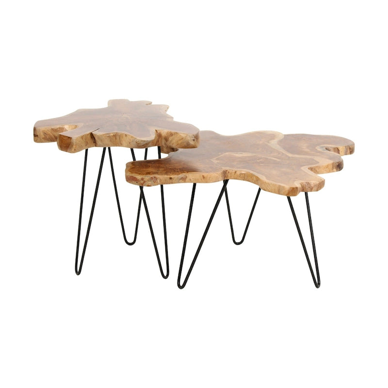 Table en bois de teck massif avec bords naturels et pieds en fer