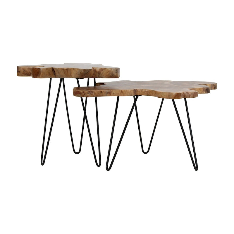 Table en bois de teck massif avec bords naturels et pieds en fer