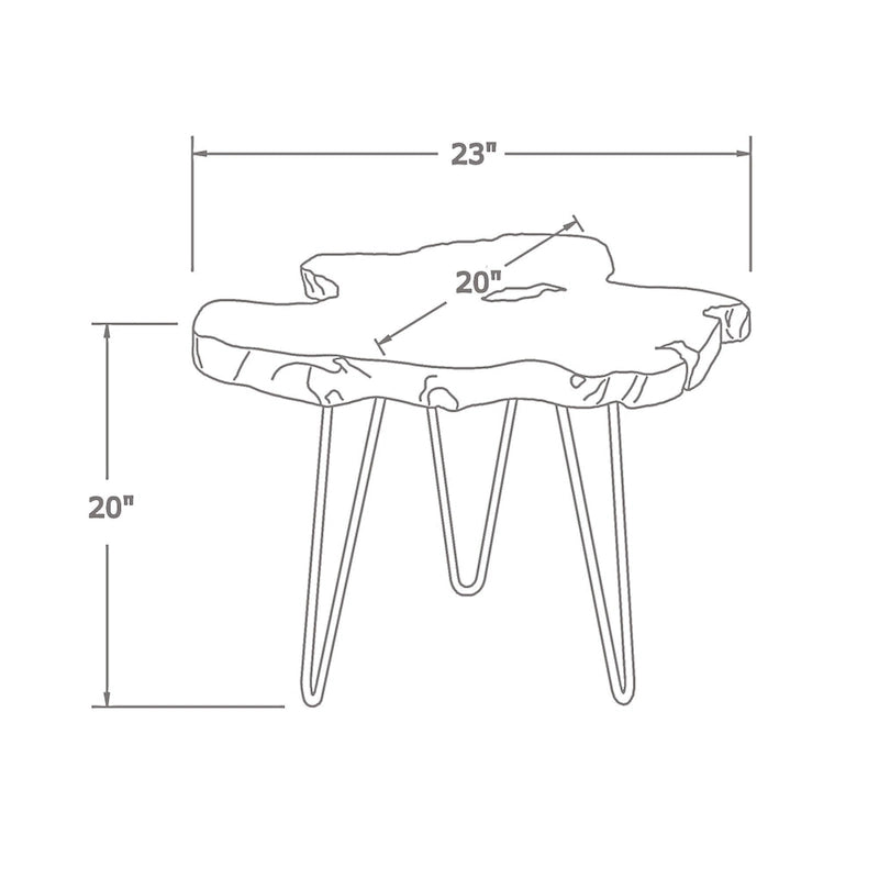 Table en bois de teck massif avec bords naturels et pieds en fer