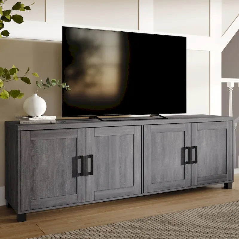 Meuble TV de 71 pouces de large avec portes de rangement, pour téléviseurs jusqu'à 85 pouces