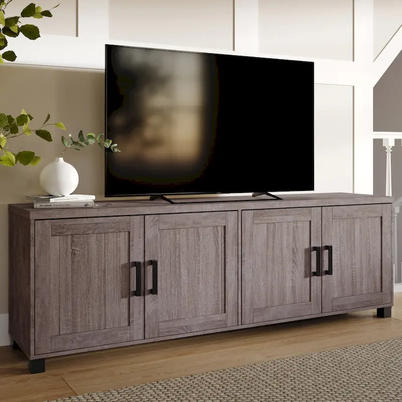 Meuble TV de 71 pouces de large avec portes de rangement, pour téléviseurs jusqu'à 85 pouces