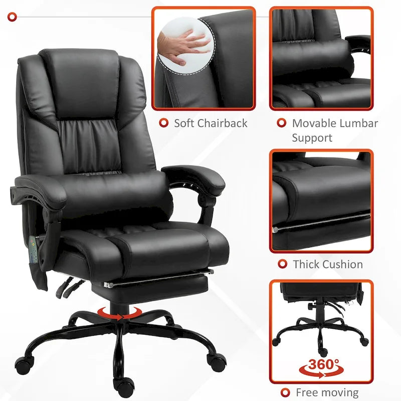 Fauteuil de bureau inclinable, support lombaire mobile réglable en hauteur avec massage vibrant à 6 points