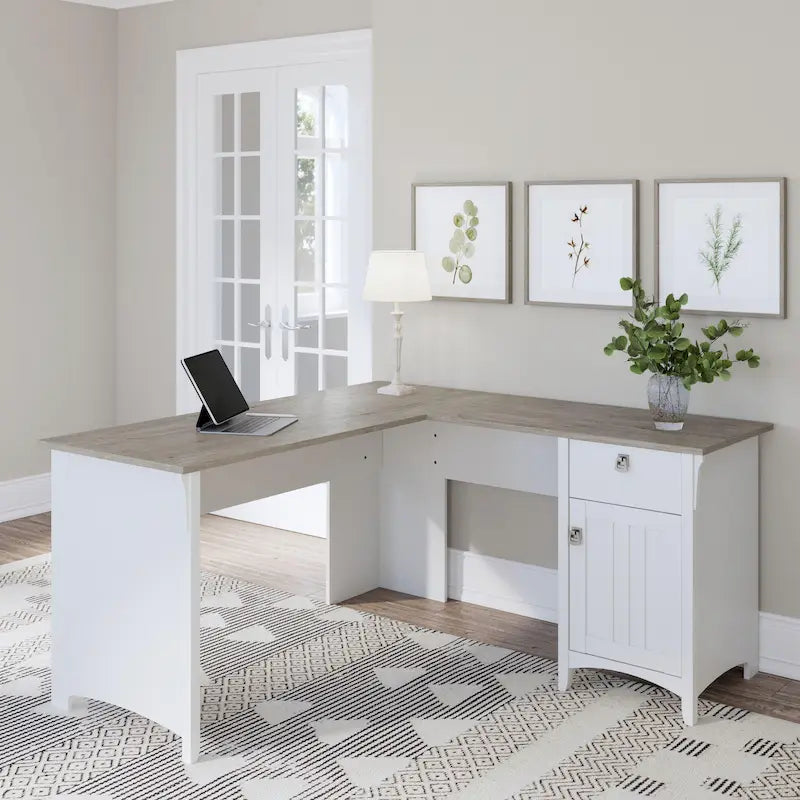 Bureau en L de 60 W avec tiroirs et espaces de rangement
