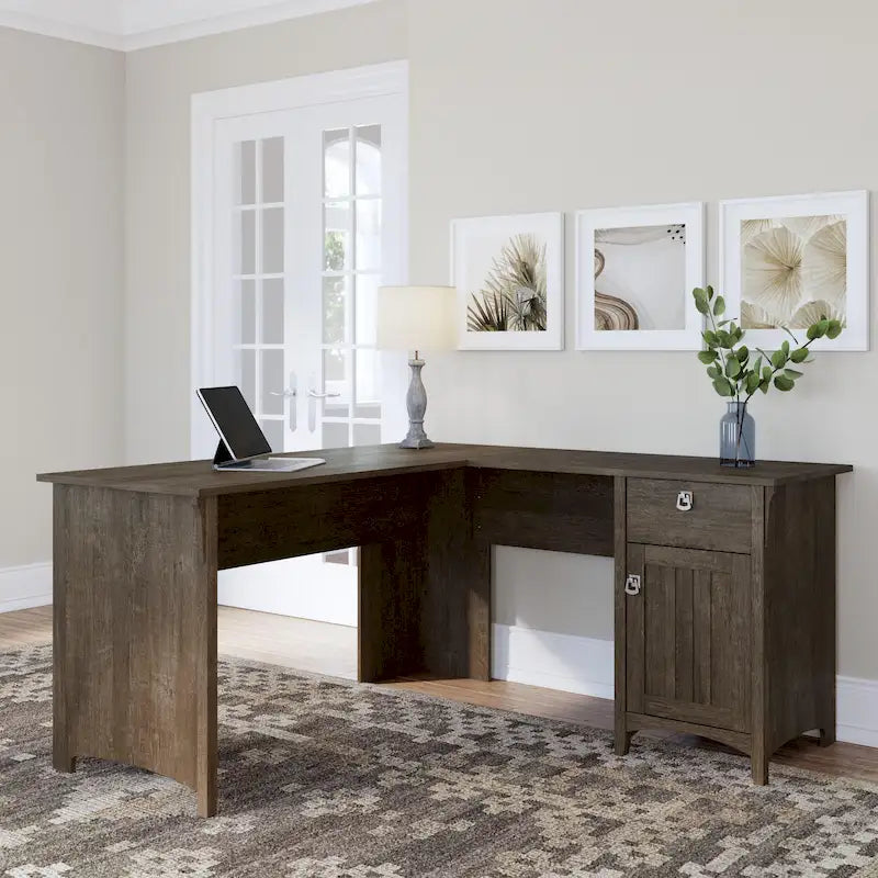 Bureau en L de 60 W avec tiroirs et espaces de rangement