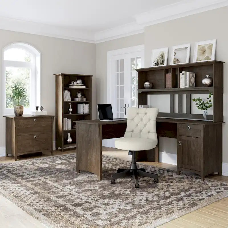 Bureau en L de 60 W avec tiroirs et espaces de rangement
