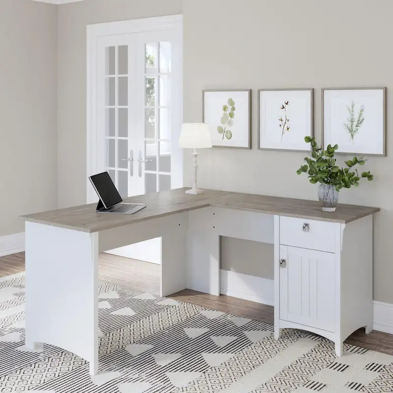 Bureau en L de 60 W avec tiroirs et espaces de rangement
