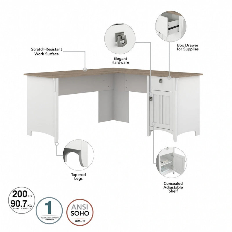 Bureau en L de 60 W avec tiroirs et espaces de rangement