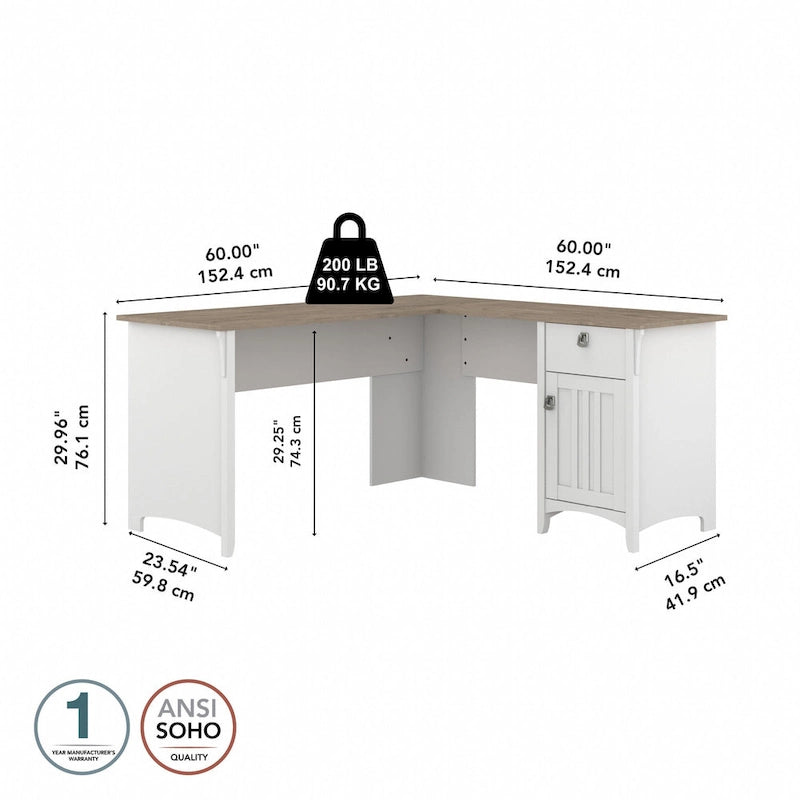 Bureau en L de 60 W avec tiroirs et espaces de rangement