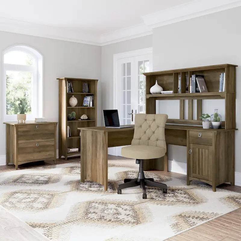 Bureau en L de 60 W avec tiroirs et espaces de rangement