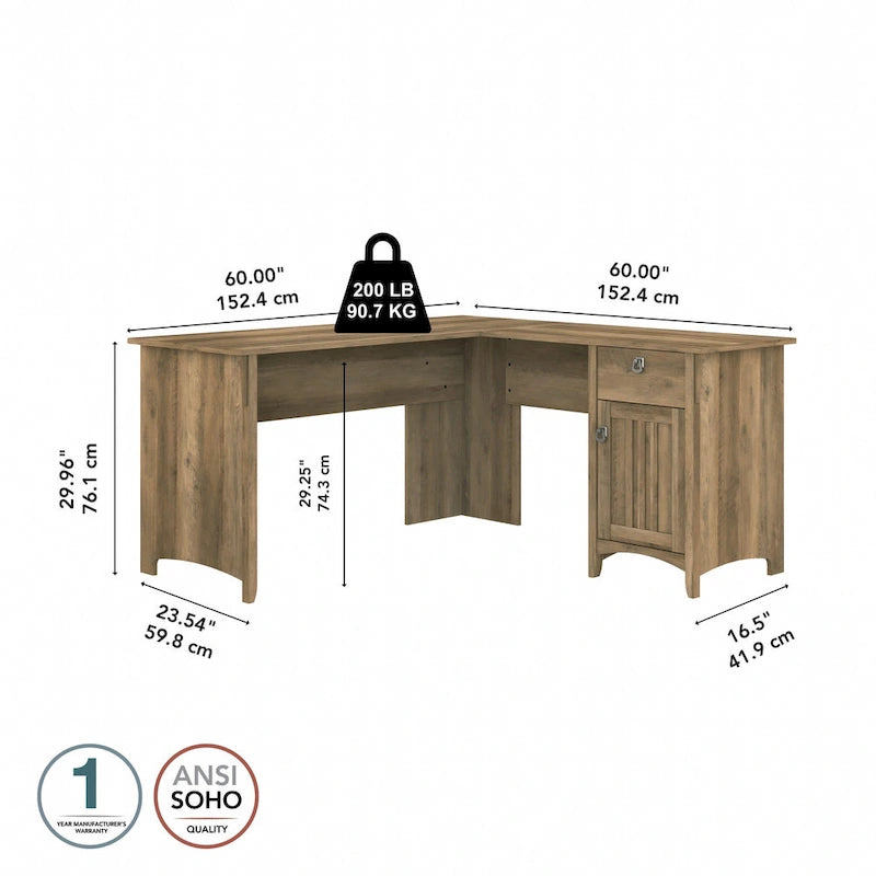 Bureau en L de 60 W avec tiroirs et espaces de rangement