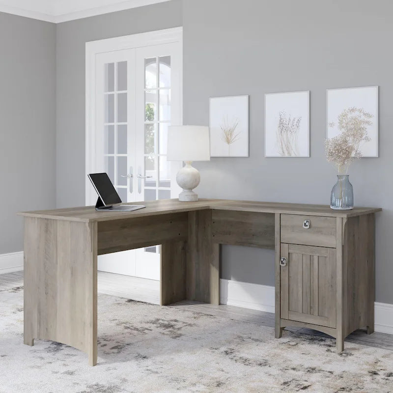 Bureau en L de 60 W avec tiroirs et espaces de rangement