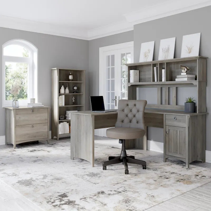 Bureau en L de 60 W avec tiroirs et espaces de rangement