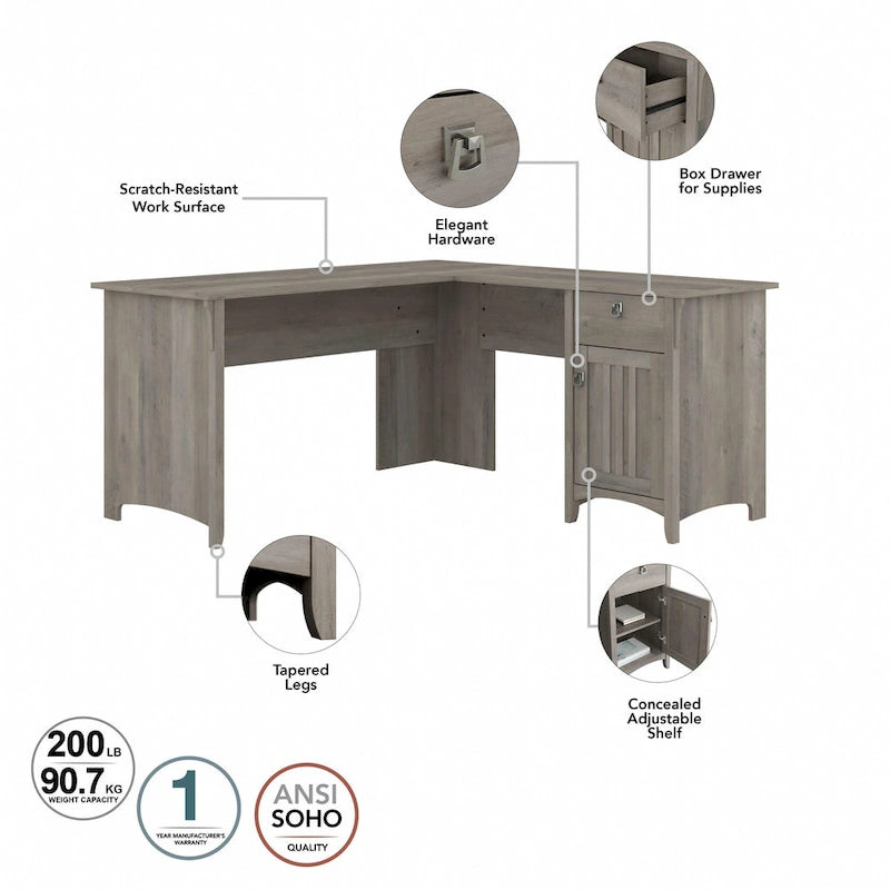 Bureau en L de 60 W avec tiroirs et espaces de rangement