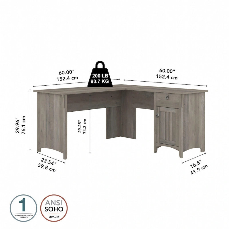 Bureau en L de 60 W avec tiroirs et espaces de rangement