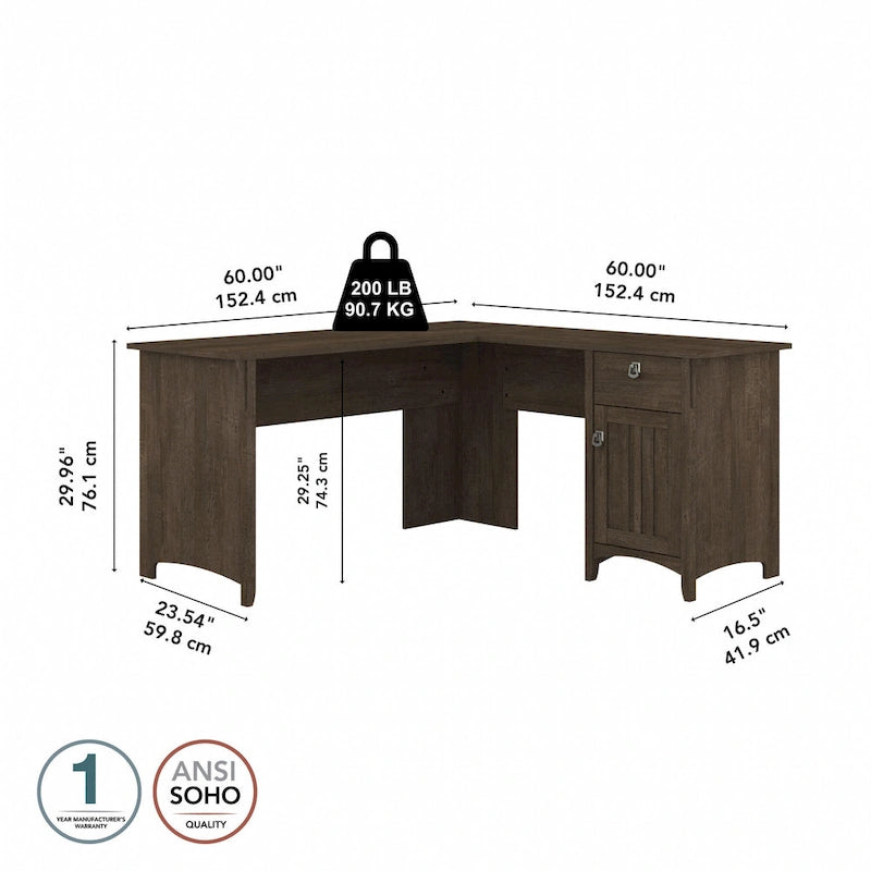 Bureau en L de 60 W avec tiroirs et espaces de rangement