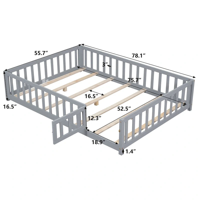 Lit plateforme pleine grandeur en bois avec clôture et porte pour enfants