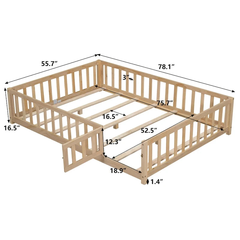 Lit plateforme pleine grandeur en bois avec clôture et porte pour enfants