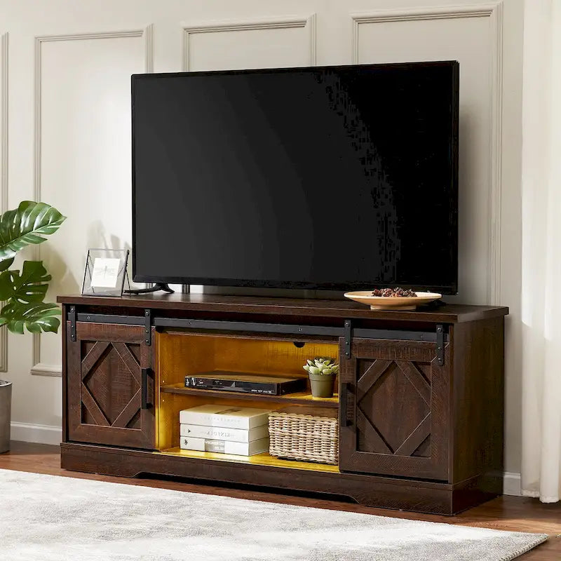 Meuble TV de style rustique avec portes coulissantes pour téléviseurs jusqu'à 70 pouces
