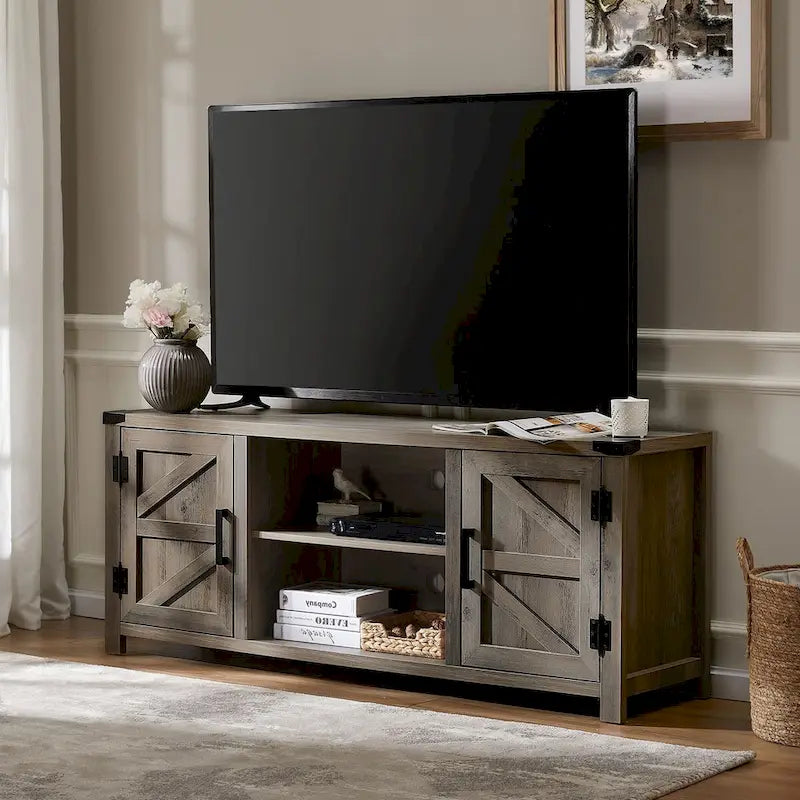 Meuble TV de style rustique avec portes coulissantes pour téléviseurs jusqu'à 70 pouces