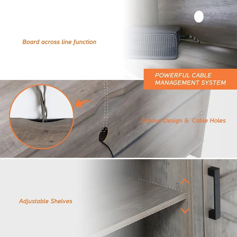 Meuble TV de style rustique avec portes coulissantes pour téléviseurs jusqu'à 70 pouces