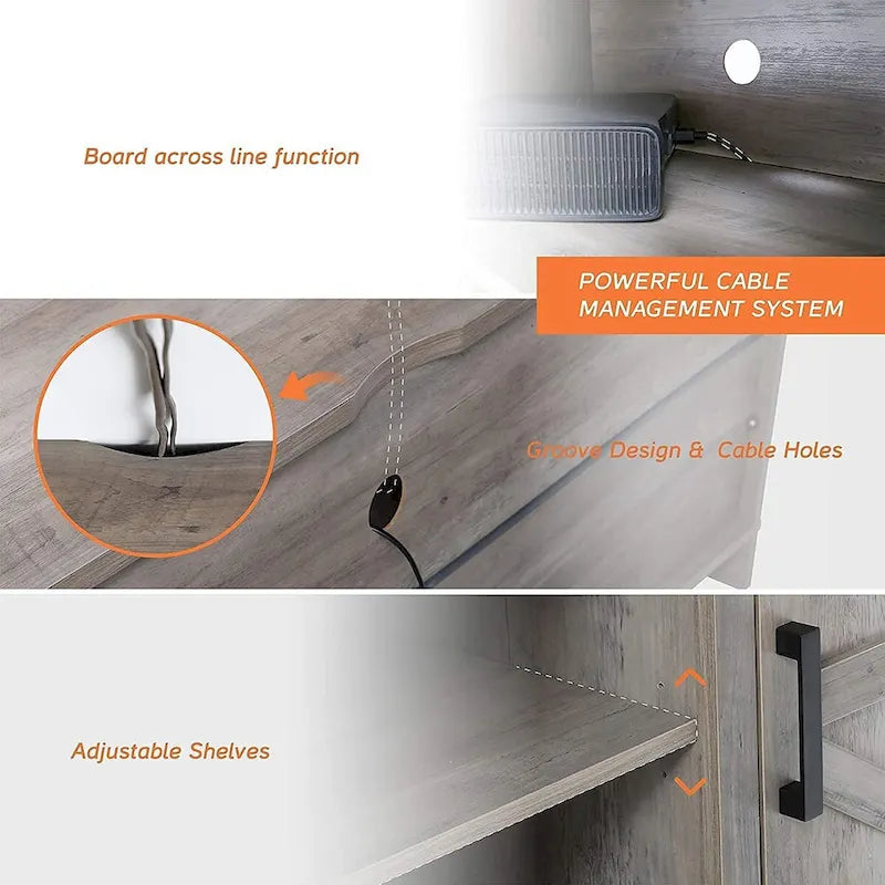 Meuble TV de style rustique avec portes coulissantes pour téléviseurs jusqu'à 70 pouces