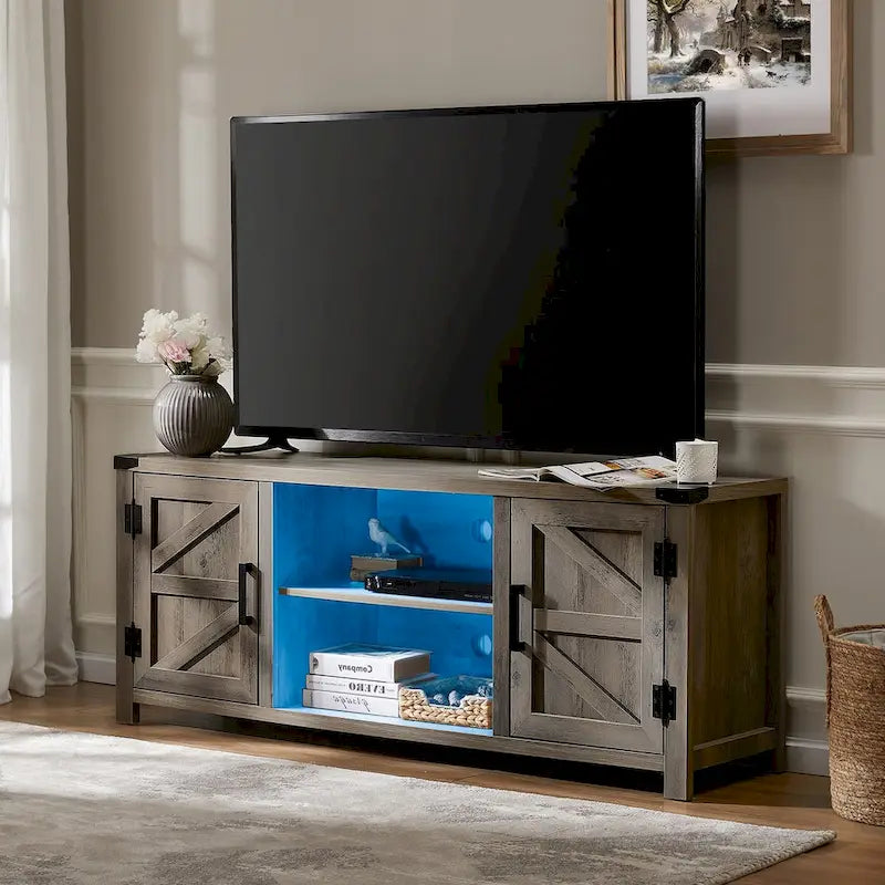 Meuble TV de style rustique avec portes coulissantes pour téléviseurs jusqu'à 70 pouces